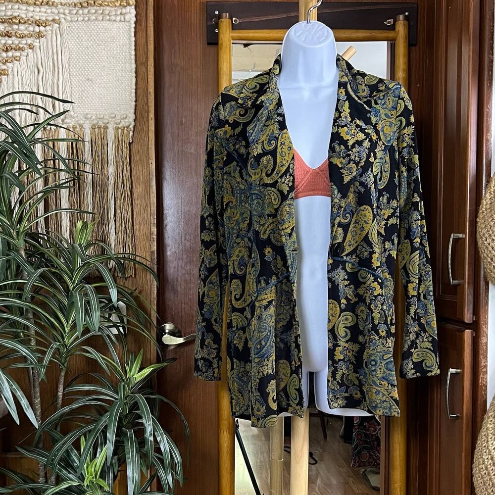 Vintage 90s Paisley Jacket S Black Gold Boho Lightweight Blazer Whimsigoth Top